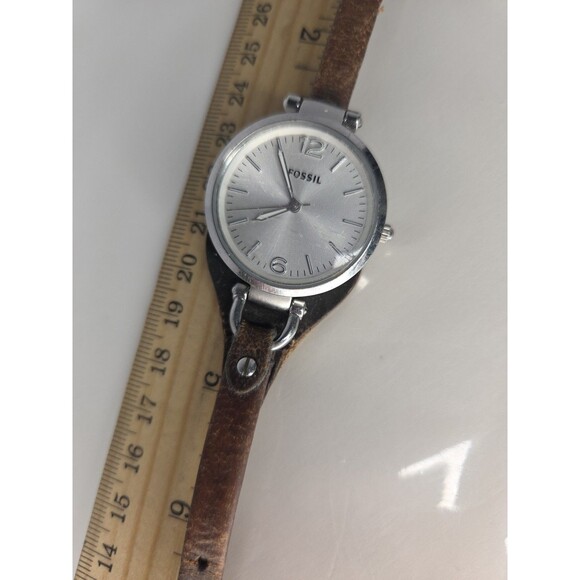 Fossil 32mm Silver Case White Dial On Branded Brown Bund Strap - Picture 3 of 8